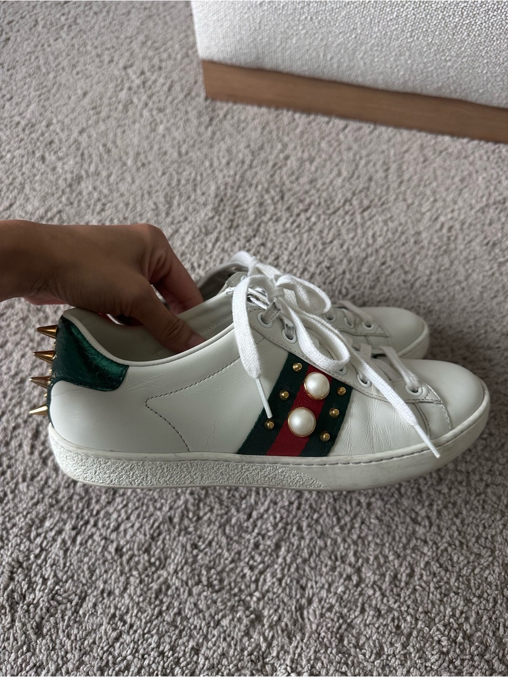 Gucci Ace Sneaker Green & Red Stripe with spikes and Pearl Studs